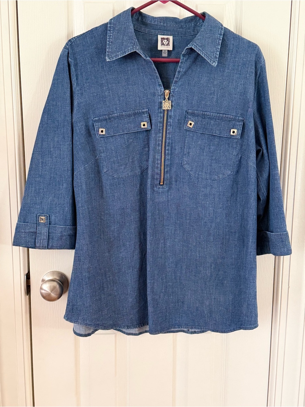 Anne Klein 1X Chambray Denim Tunic Top Gold Zip Roll Tab Sleeve